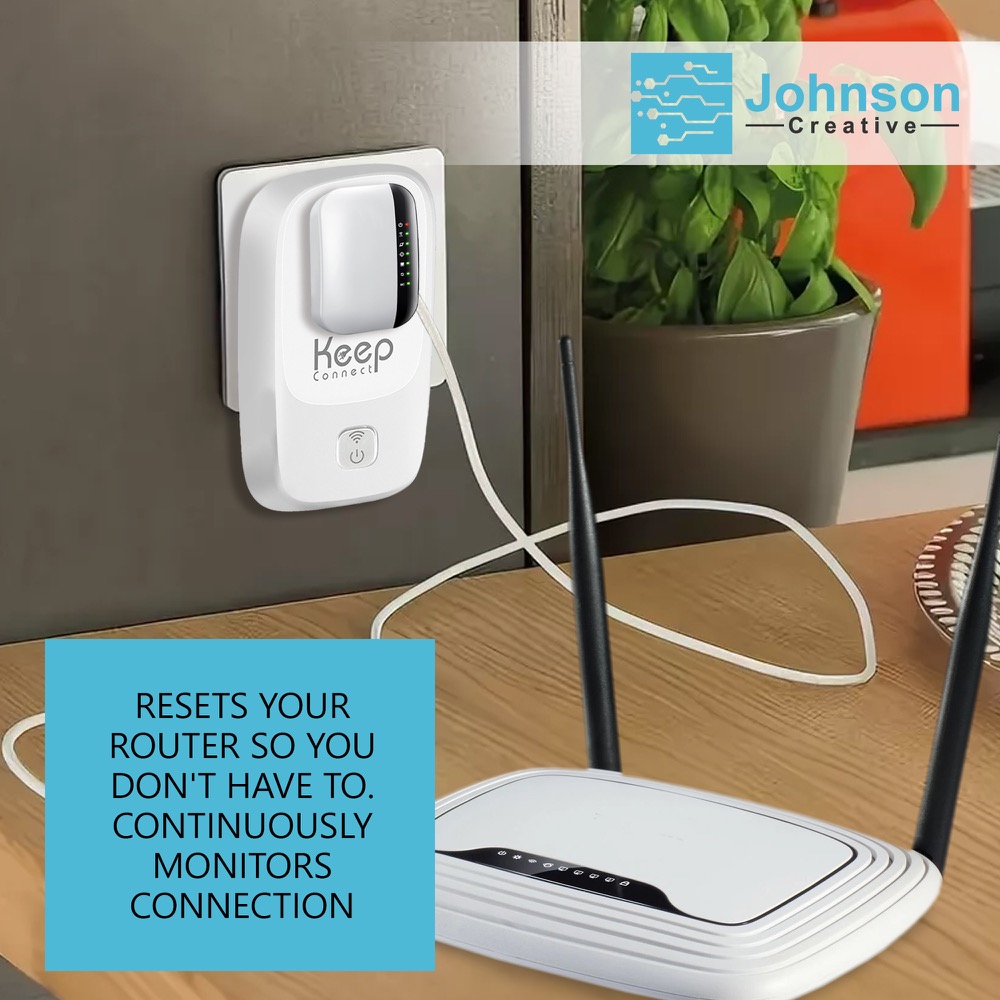 Keep Connect MAX plugged into a wall outlet, cable running to a Wi-Fi router on a desk
